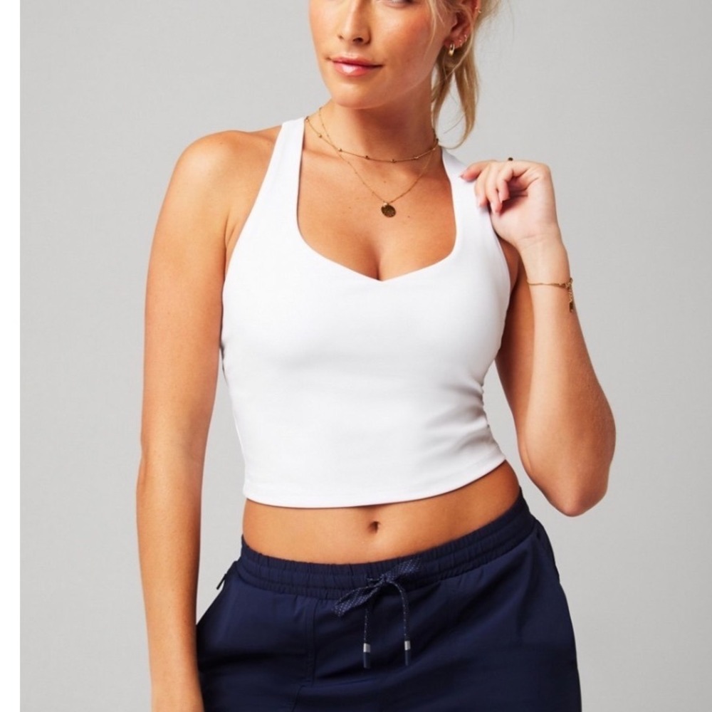 Fabletics Built In Bra Tank White Racerback Athletic Crop Top Large NWT